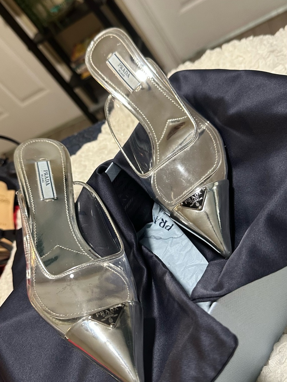 Prada Clear PVC Mule Heels with Silver Pointed Toe - Picture 3 of 5